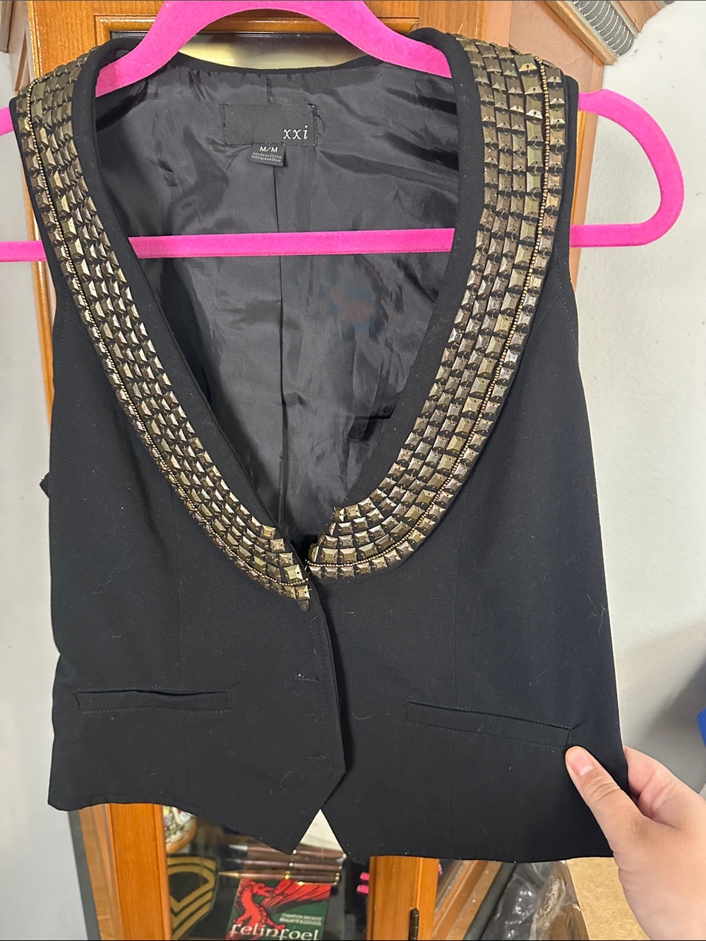 Forever 21 Black Vest with Gold Studded Trim